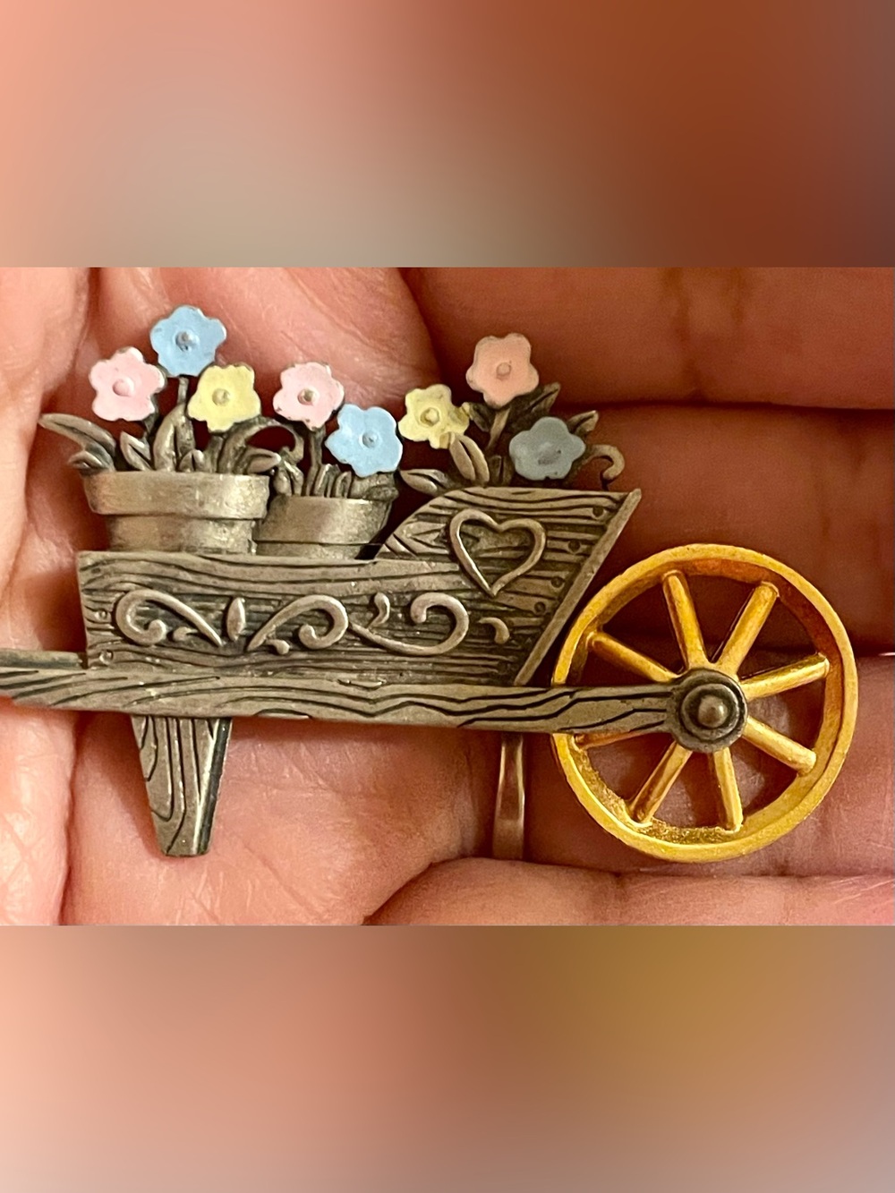 Flower Cart Brooch with Pastel Enamel Blooms and Gold Wheel